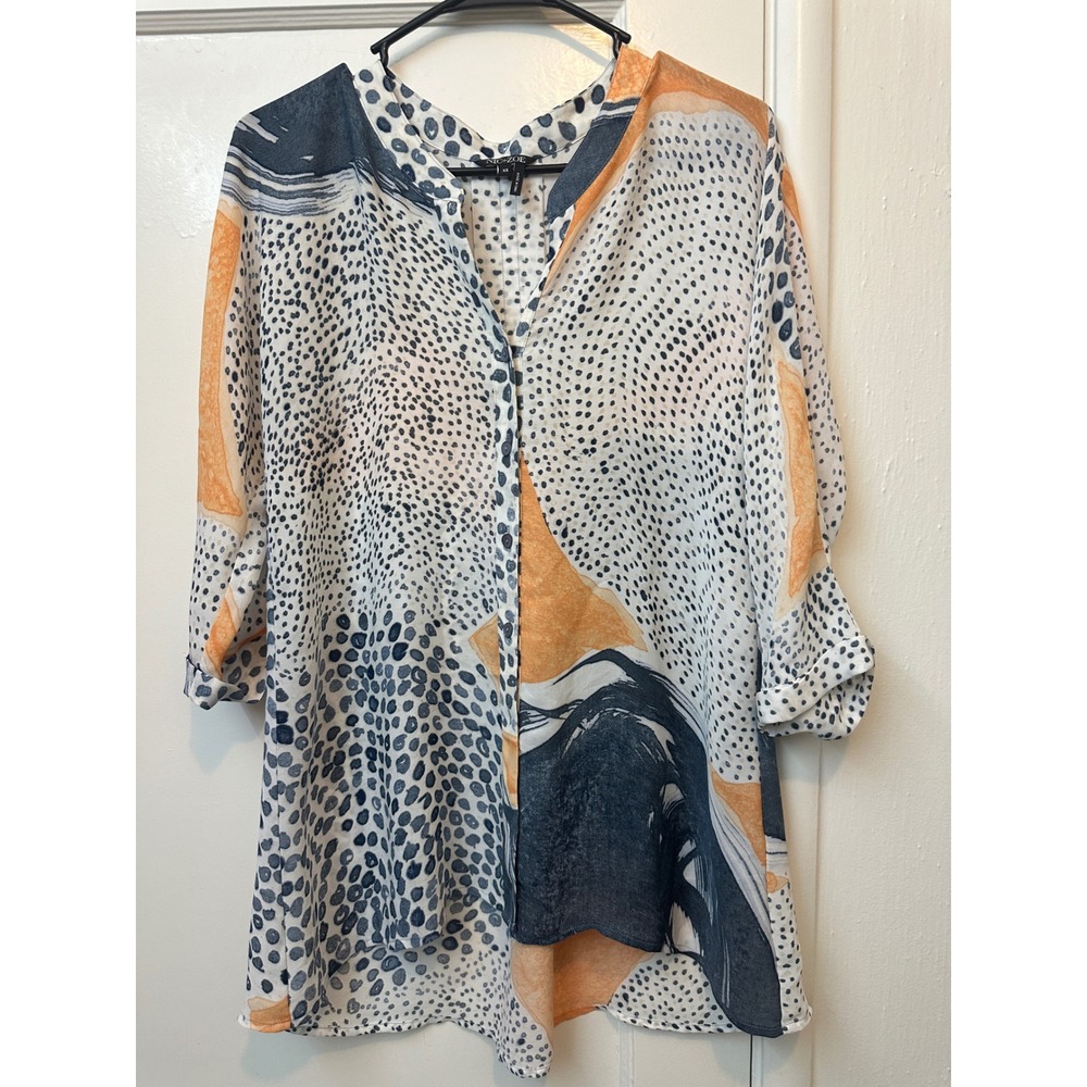 NIC+ZOE Womens Abstract Print Button Front Tunic Blouse Orange Navy XS